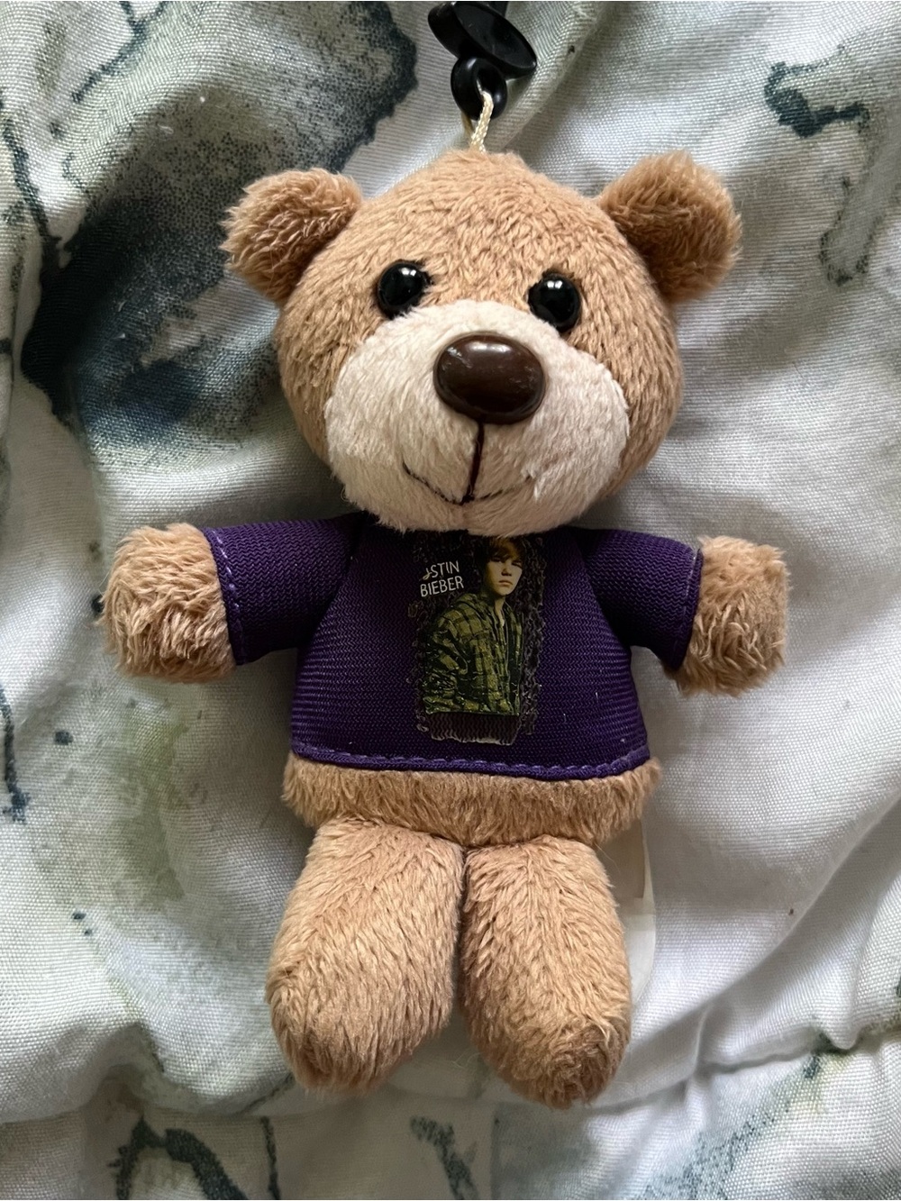 Y2K Plush Bear Justin Bieber Keychain with Purple Shirt